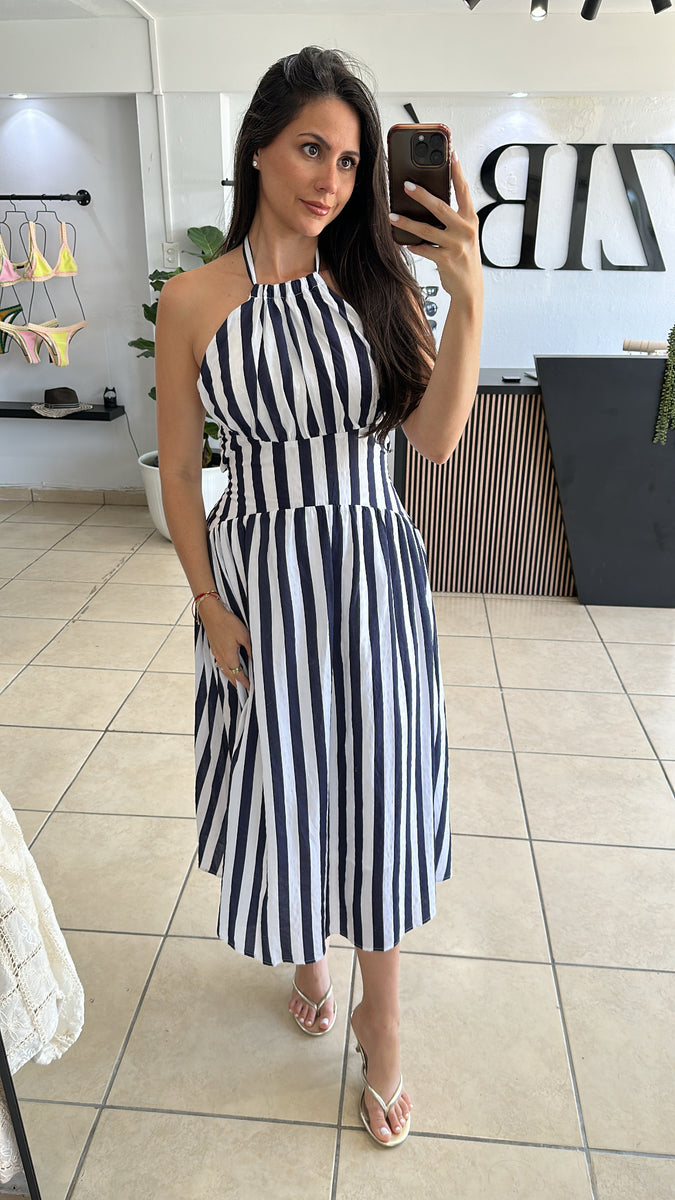 White/ navy striped halter midi dress